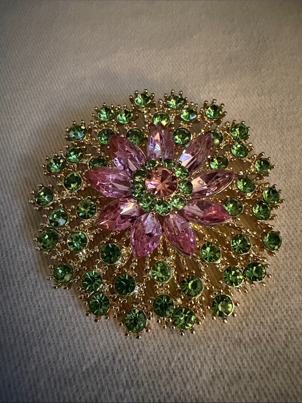 Gold-Tone Pink and Green Floral Crystal Brooch
